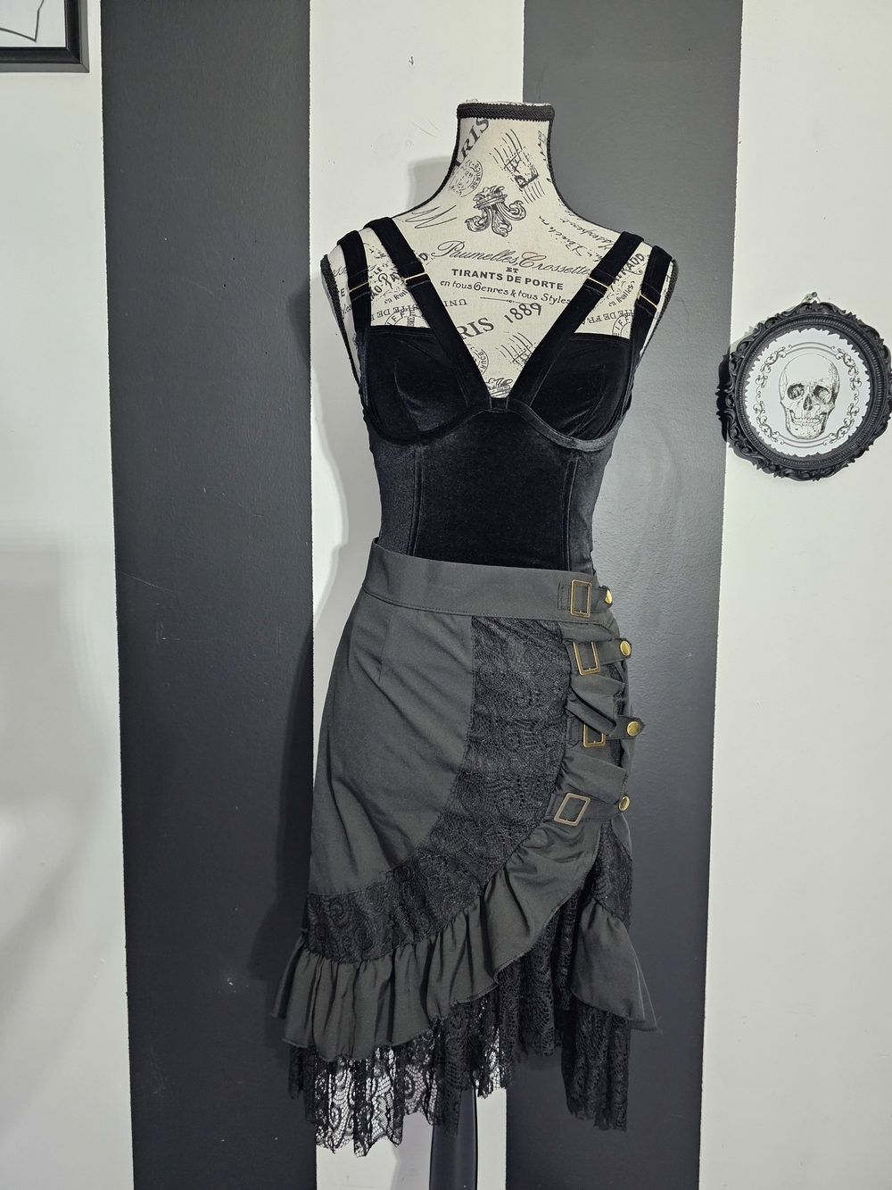 Fashion Nova Black Asymmetrical Lace-Trim Pencil Skirt with Buckles